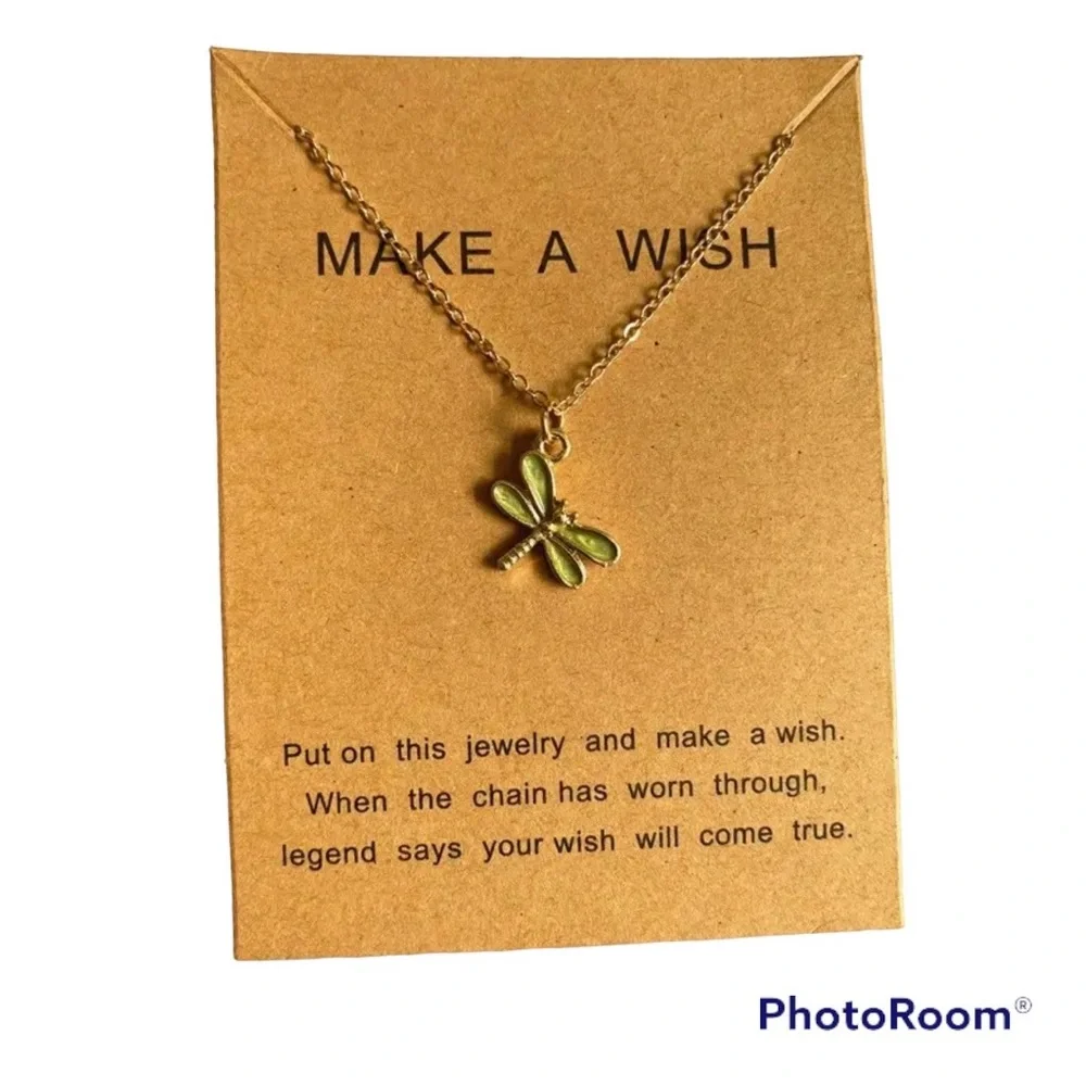 Green Dragonfly necklace w card Make a Wish Jewelry